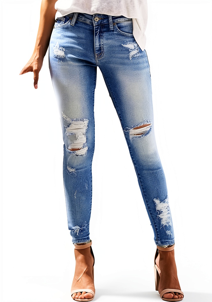 Damen in zerrissenen Stretch-Denim Jeans bei einem lässigen Stadtbummel
