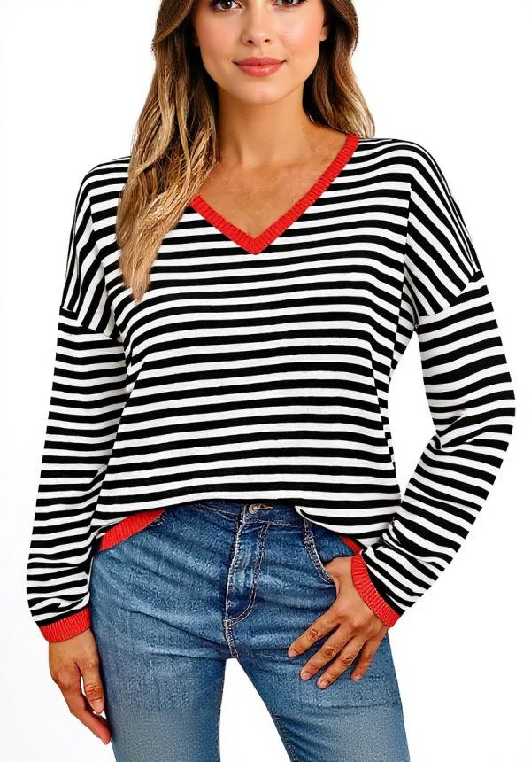 Damen Pullover V-Ausschnitt gestreift Kapuze lässig Winter