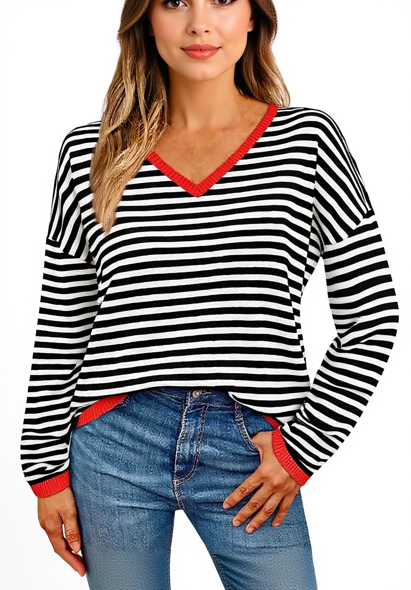 Damen-Pullover mit V-Ausschnitt und Kapuze in gestreiftem Design