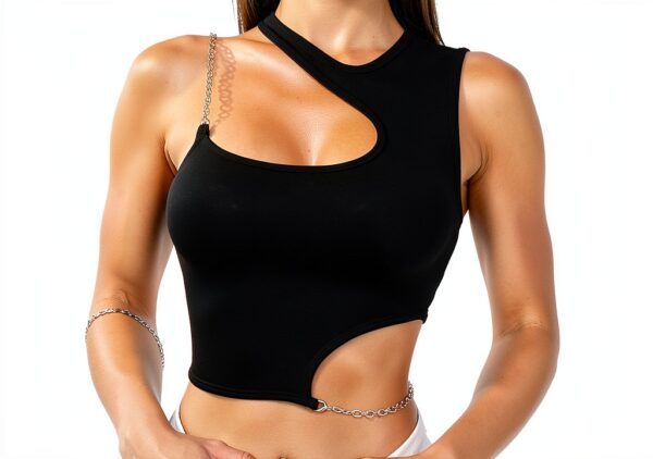 Metallkette Crop Top Schwarz Weiß Polyester Design Frauen-1