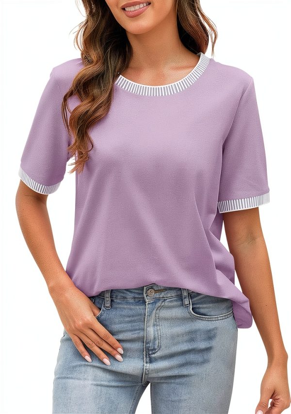 Damen T-Shirt Gestreift Farbblock Kurzarm Rundhals Casual