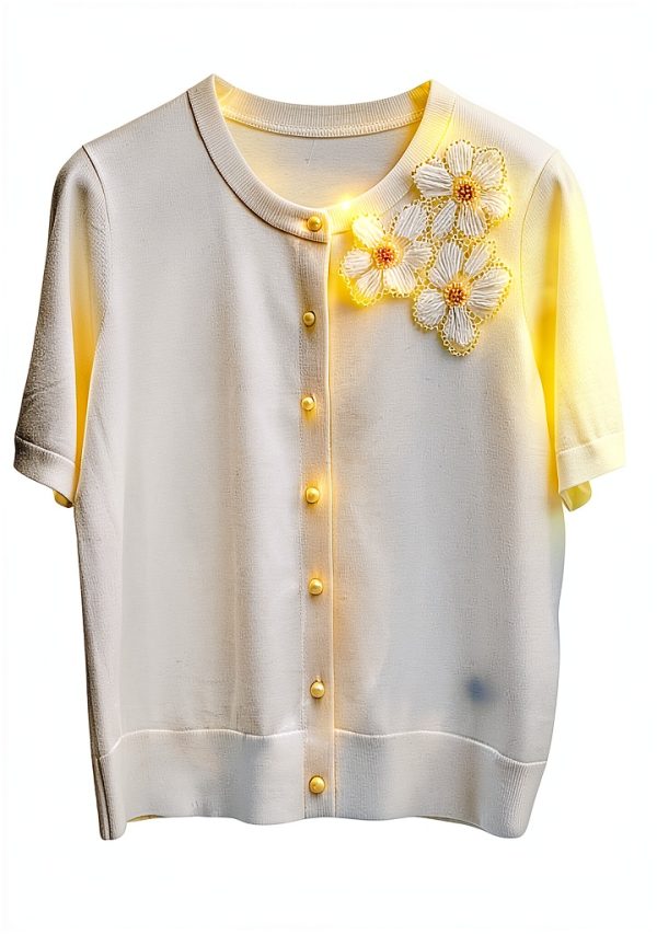 Kurzarm Cardigan Damen Wolle Seide Perlenblüten Knöpfe