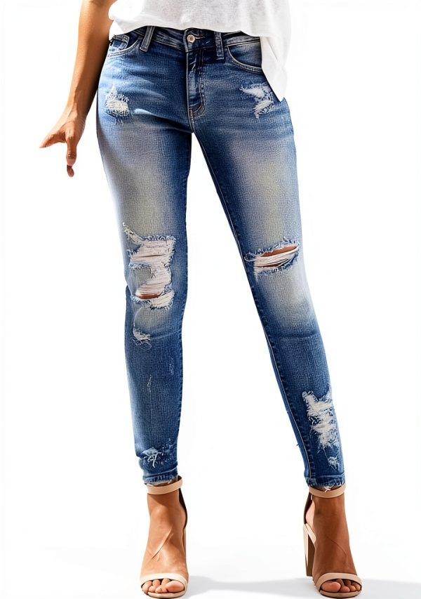 Frauen Jeans Stretch Denim Zerrissen Distressed Cropped