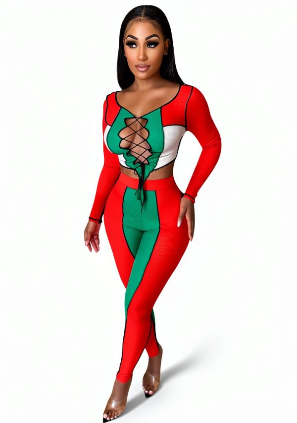 Yujun Damen Set Rib Nähen Wrap Brust Hohle Kordelzug Langarm
