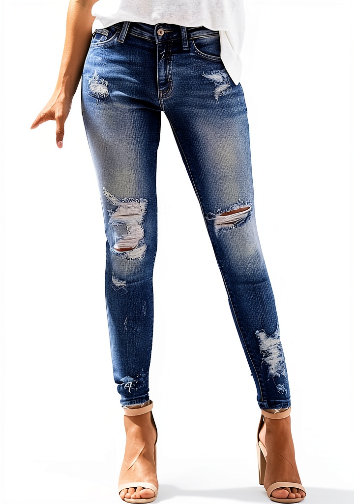 Frauen trägt zerrissene Stretch Denim Jeans in lässigem Outfit