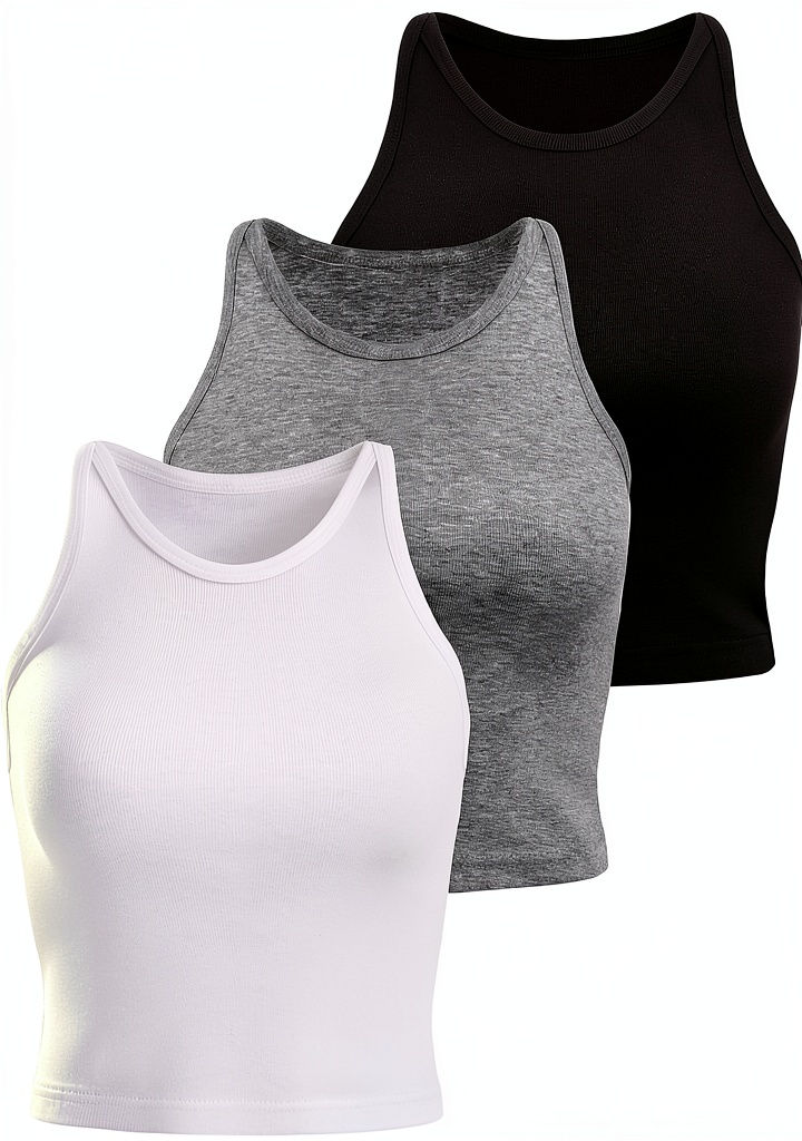 Boao Damen Crop Top Set displayed on a gym rack, showing black, white and light gray colors