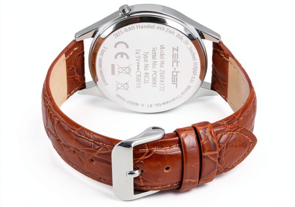 Zeit-Bar Funkuhr Herren 42mm Edelstahlgehäuse mit Lederarmband-6