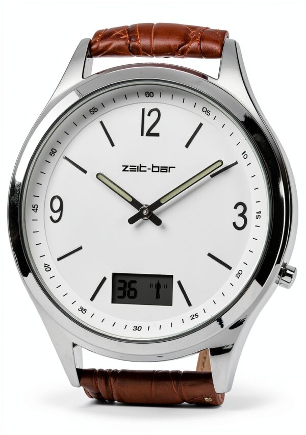 Zeit-Bar Funkuhr Herren 42mm Edelstahlgehäuse mit Lederarmband-4