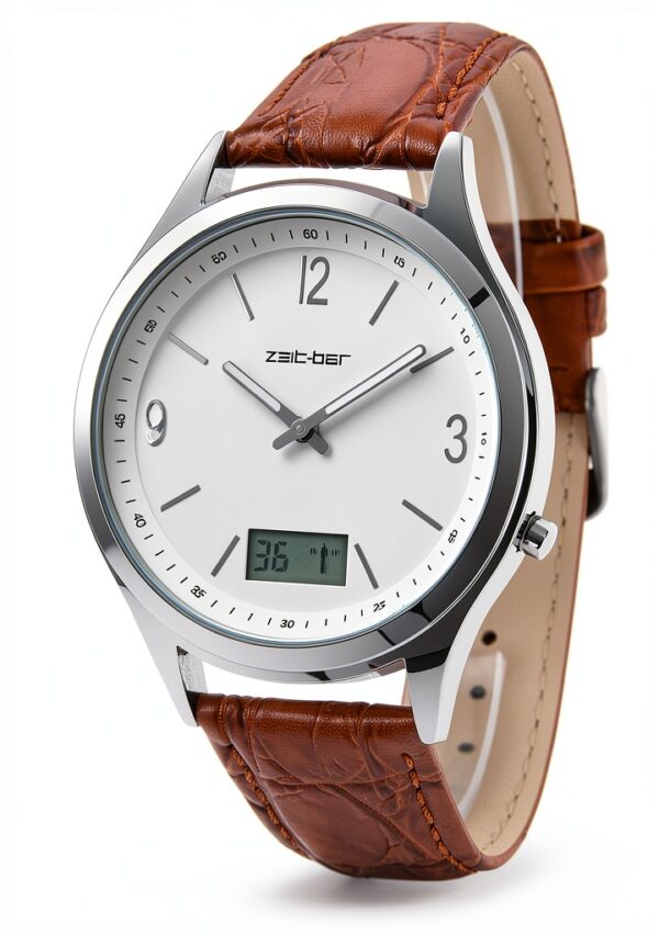 Zeit-Bar Funkuhr Herren 42mm Edelstahlgehäuse mit Lederarmband-1