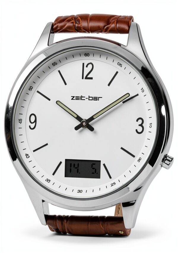 Zeit-Bar Funkuhr Herren 42mm Edelstahlgehäuse mit Lederarmband-3