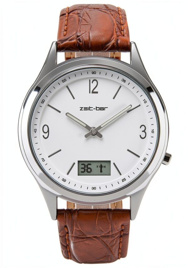 Zeit-Bar Funkuhr Herren 42mm Edelstahlgehäuse mit Lederarmband-0
