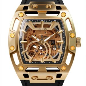 Guess Phoenix Herren Armbanduhr, Edelstahl, 42 mm, Silikonarmband, Schwarz, 5 bar, Zifferblatt: Champagne, GW0980G2-0