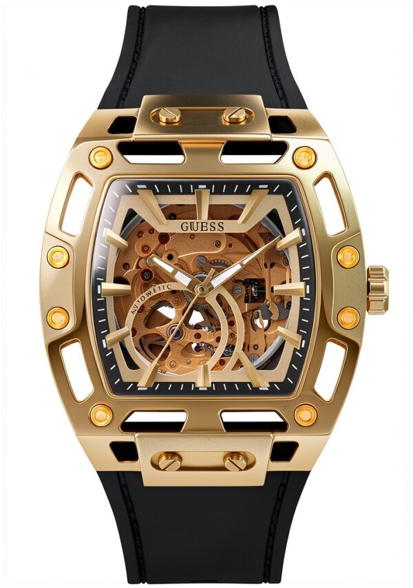Guess Phoenix Herren Armbanduhr, Edelstahl, 42 mm, Silikonarmband, Schwarz, 5 bar, Zifferblatt: Champagne, GW0980G2-0