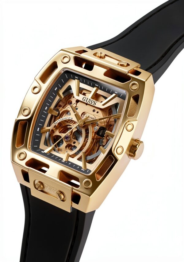 Guess Phoenix Herren Armbanduhr, Edelstahl, 42 mm, Silikonarmband, Schwarz, 5 bar, Zifferblatt: Champagne, GW0980G2-3