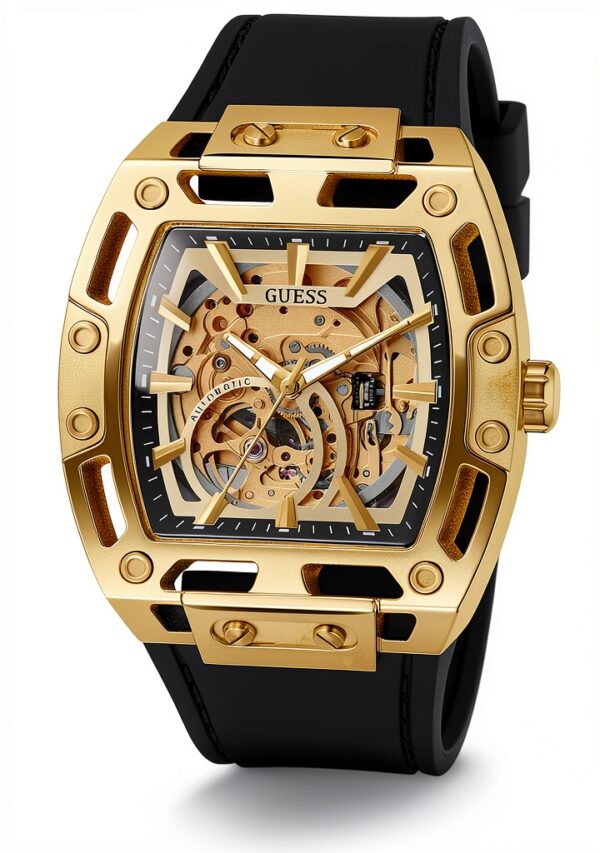 Guess Phoenix Herren Armbanduhr, Edelstahl, 42 mm, Silikonarmband, Schwarz, 5 bar, Zifferblatt: Champagne, GW0980G2-4