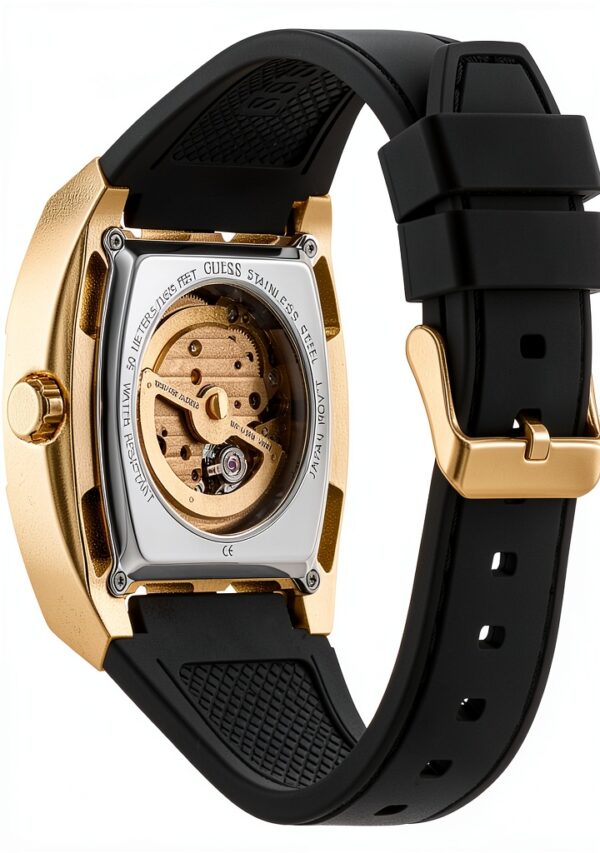 Guess Phoenix Herren Armbanduhr, Edelstahl, 42 mm, Silikonarmband, Schwarz, 5 bar, Zifferblatt: Champagne, GW0980G2-2